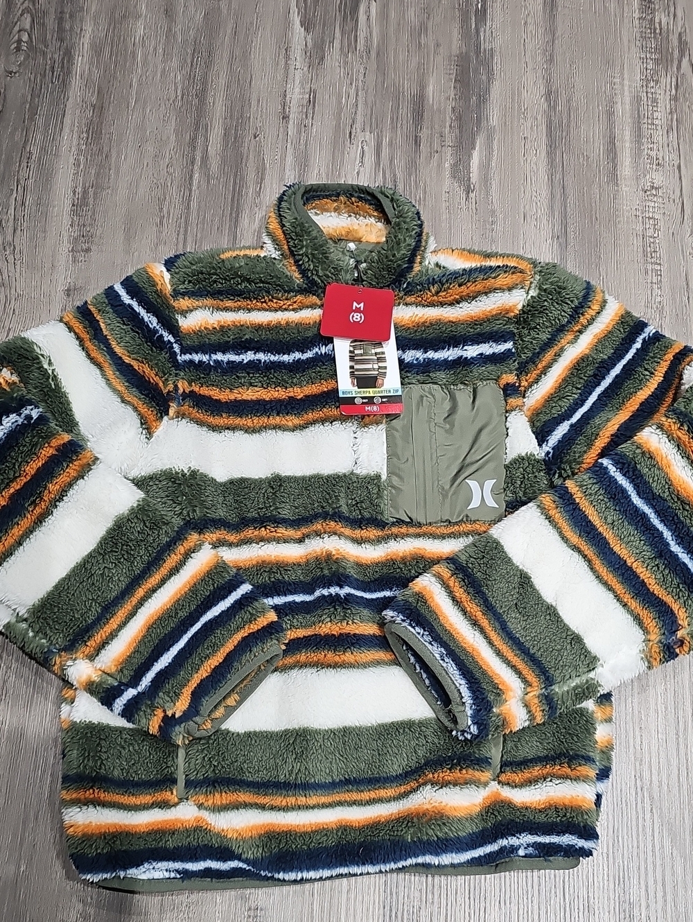 Hurley Olive, White, Navy & Orange Striped Sherpa Jacket